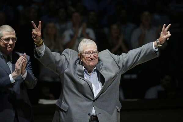 Frank Layden, former president of the Utah Jazz, is introduced during a 20-year reunion ceremony for the team that reached the 1997 NBA Finals, at halftime of the Jazz's basketball game against the New York Knicks on March 22, 2017, in Salt Lake City. (AP Photo/Rick Bowmer, Pool, File)