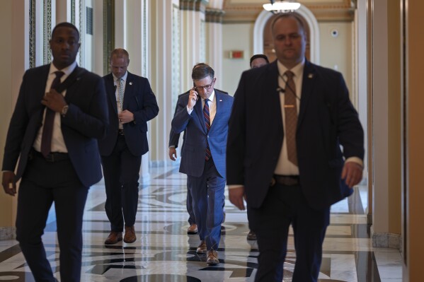 Speaker of the House Mike Johnson, R-La., leaves the chamber at the Capitol in Washington, Thursday, July 17, 2025. (AP Photo/J. Scott Applewhite)