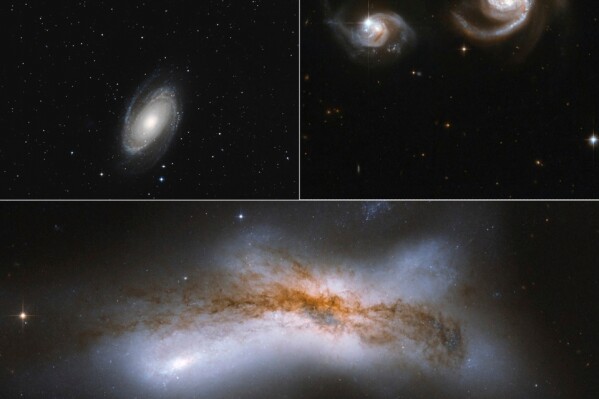 In this combination of images from NASA/ESA shows three future scenarios for Milky Way & Andromeda encounter. Top left: Galaxies bypass at 1 million light-year separation. Top right: At 500,000 light-years, dark matter provides friction that brings galaxies to a close encounter. Bottom: A 100,000 light-year separation leads to a collision. (NASA/ESA via AP)