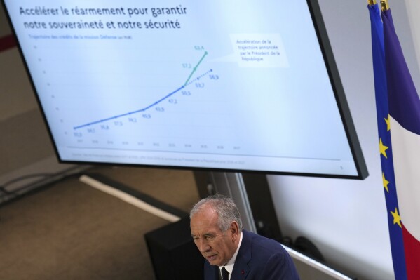 French Prime Minister Francois Bayrou unveils plans for next year's budget, Tuesday, July 15, 2025 in Paris. (AP Photo/Aurelien Morissard)