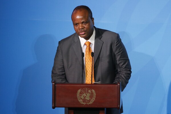 Eswatini's King Mswati III addresses the Climate Action Summit in the United Nations General Assembly at U.N. headquarters, Sept. 23, 2019. (AP Photo/Jason DeCrow, File)