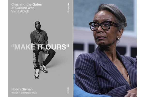 This combination of images shows cover art for "Make It Ours: Crashing the Gates of Culture with Virgil Abloh" by Robin Givhan, left, and Givhan at the Global Citizen NOW conference in New York on April 28, 2023. (Crown via AP, left, and AP)
