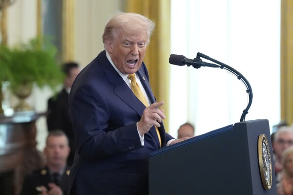 President Donald Trump speaks during a ceremony to sign the "Halt All Lethal Trafficking of Fentanyl Act," in the East Room of the White House, Wednesday, July 16, 2025, in Washington. (AP Photo/Alex Brandon)