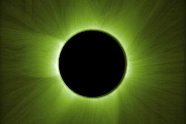 This image provided by the European Space Agency shows the Sun's corona captured by the Proba-3 pair of spacecraft on May 23, 2025, in the visible light spectrum, with the hair-like structures revealed using a specialized image processing algorithm. (ESA/Proba-3/ASPIICS/WOW algorithm via AP)