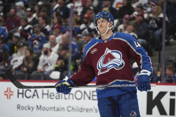 Colorado Avalanche defenseman Josh Manson (42) in the second period of Game 6 of an NHL first-round hockey playoff series Thursday, May 1, 2025, in Denver. (AP Photo/David Zalubowski, File)