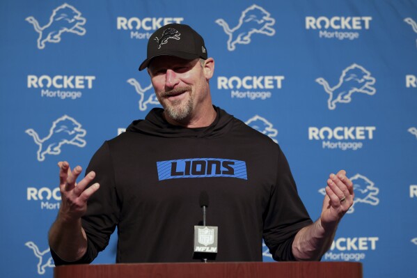 Detroit Lions head coach Dan Campbell answers questions after an NFL football game against the San Francisco 49ers, Monday, Dec. 30, 2024, in Santa Clara, Calif. (AP Photo/Jed Jacobsohn)