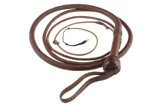 This image shows a whip wielded by Harrison Ford in "Indiana Jones and the Last Crusade." (Heritage Auctions via AP, File)