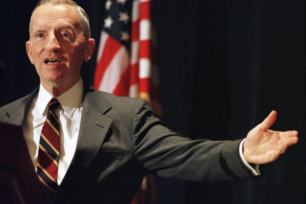Ross Perot gestures during a media conference, Nov. 5, 1997, in San Francisco. (AP Photo/Ben Margot, File)