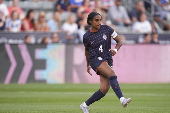 USA womens' national team defender Naomi Girma plays against the Republic of Ireland in the first half of an international friendly soccer match, June 26, 2025, in Commerce City, Colo. (AP Photo/David Zalubowski, file)