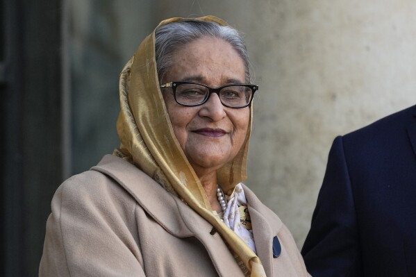 FILE -Prime Minister of Bangladesh Sheikh Hasina Wazed arrives at the Elysee Palace in Paris, Nov. 9, 2021, to meet French President Emmanuel Macron for bilateral talks on the sideline of the Paris Peace Forum summit. (AP Photo/Michel Euler, File)