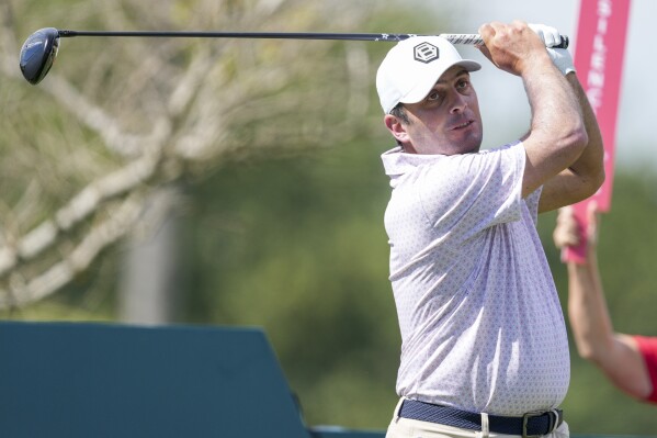 Francesco Molinari, of Italy, watches his tee shot on the second hole during the third round of the Mexico Open golf tournament in Puerto Vallarta, Mexico, Feb. 22, 2025. (AP Photo/Fernando Llano, File)