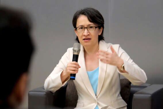 Taiwan's Vice President Bi-khim Hsiao speaks to reporters at the Taiwan Foreign Correspondents' Club, in Taipei, Taiwan, Friday, July 18, 2025. (AP Photo/Johnson Lai)