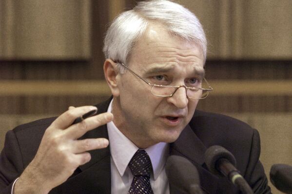 The former so-called prime minister of the self-proclaimed Kosovo government-in-exile talk to the media in Bonn, Germany, March 24, 1999. (AP Photo/Fritz Reiss)