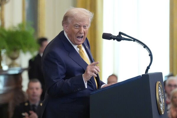 President Donald Trump speaks during a ceremony to sign the "Halt All Lethal Trafficking of Fentanyl Act," in the East Room of the White House, Wednesday, July 16, 2025, in Washington. (AP Photo/Alex Brandon)