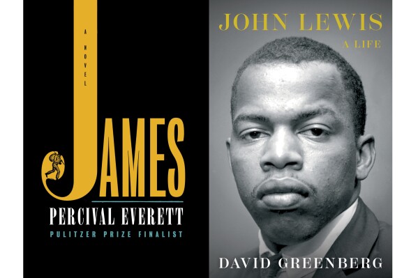 This combination of images shows cover art for "James" by Percival Everett, left, and "John Lewis: A Life" by David Greenberg. (Doubleday/Simon & Schuster via AP)