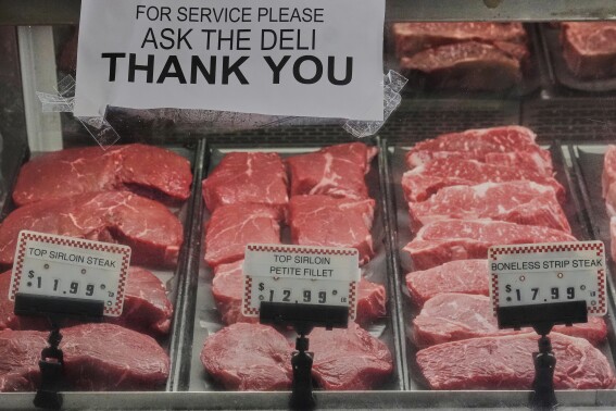 Steaks are pictured at a grocery store in Northfield, Ohio, Thursday, July 17, 2025. (AP Photo/Sue Ogrocki)