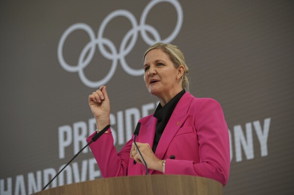 President-elect Kirsty Coventry speaks during the handover ceremony of the IOC Presidency at Olympic House in Lausanne, Switzerland, Monday, June 23, 2025. (AP Photo/Laurent Cipriani)
