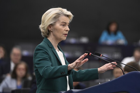 European Commission president Ursula von der Leyen delivers her speech during a statement on the preparation for the EU–China Summit, Tuesday, July 8, 2025 at the European Parliament in Strasbourg, eastern France. (AP Photo/Pascal Bastien)