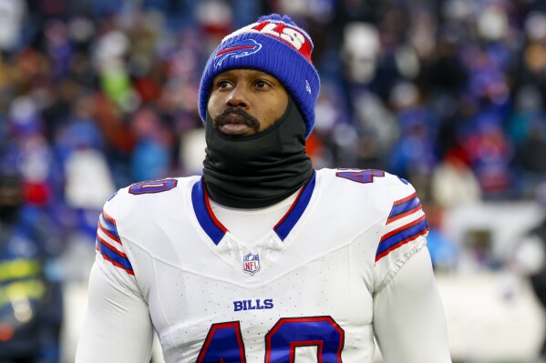 Buffalo Bills linebacker Von Miller (40) reacts after being defeated 23-16 by the New England Patriots in an NFL football game, Sunday, Jan. 5, 2025, in Foxborough, Mass. (AP Photo/Greg M. Cooper, File)
