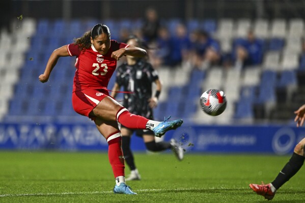 Canada's Olivia Smith tries a shot during the international women's friendly soccer match between Canada and South Korea at the Pinatar Arena Football Center in Murcia, Spain, on Dec. 3, 2024. (AP Photo/Francisco Macia Martinez, File)