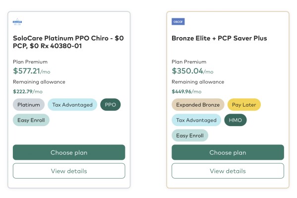 This image provided by Take Command in June 2025 shows an example of options online for Individual Coverage Health Reimbursement Arrangements where a company's employees can choose a health insurance policy. (Take Command via AP)