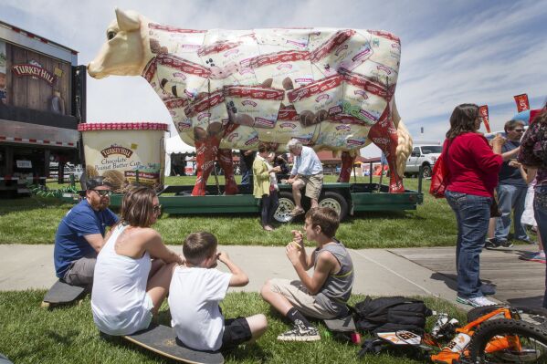 The giant Turkey Hill Cow looms over festival goers sampling ice cream at Taste of Omaha on May 31, 2015, in Omaha, Neb. (Kent Sievers/Omaha World-Herald via AP, FILE)