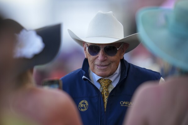 American Promise trainer D. Wayne Lukas looks on prior to the 150th running of the Preakness Stakes horse race, May 17, 2025, at Pimlico Race Course in Baltimore. (AP Photo/Julio Cortez)