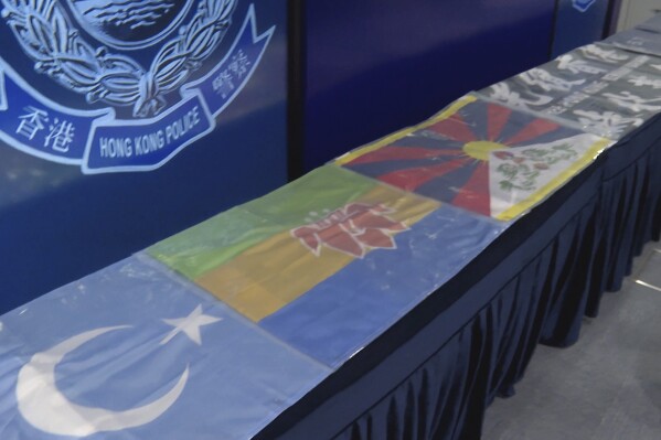 Evidence collected by the Hong Kong police are displayed at a presser about the arrest of four people linked to a Taiwan-based group under the Beijing-imposed national security law. in Hong Kong, Thursday, July 10, 2025. (AP Photo)