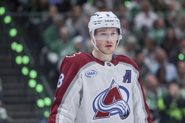 Colorado Avalanche defenseman Cale Makar looks on during a face-off during the first period of Game 5 of a first-round NHL hockey playoff series against the Dallas Stars in Dallas, April 28, 2025. (AP Photo/Gareth Patterson, file)