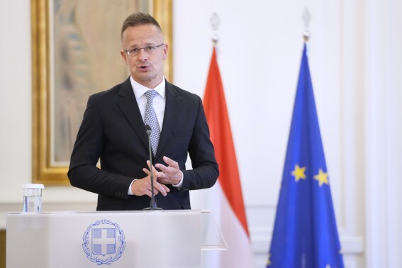Hungary's Foreign Minister Peter Szijjarto Giorgos speaks during a joint news conference with his Greek counterpart in Athens, on Wednesday, June 18, 2025. (AP Photo/Petros Giannakouris)