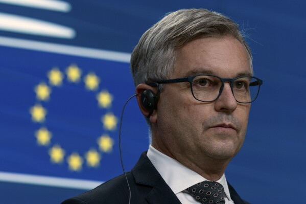 European Commissioner for Internal Affairs and Migration Magnus Brunner speaks during a media conference after a meeting of EU justice and interior ministers at the European Council building in Brussels, Dec 12, 2024. (AP Photo/Omar Havana, File)