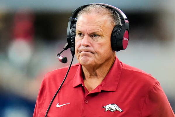 Arkansas head coach Sam Pittman looks on during the first half of an NCAA college football game between Texas A&M and Arkansas, Saturday, Sept. 28, 2024, in Arlington, Texas. (AP Photo/Julio Cortez, File)