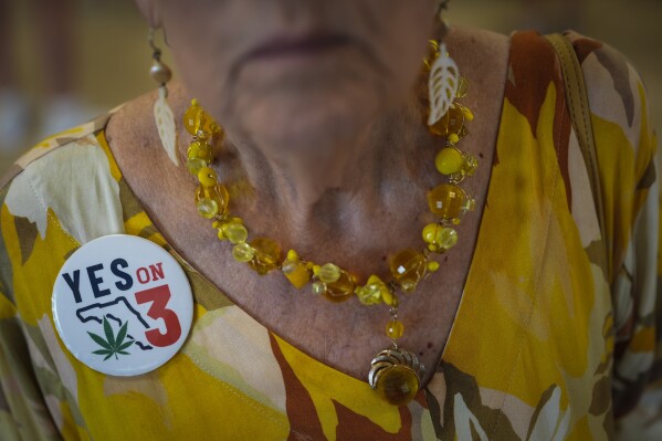 Lobbyist Barbara DeVane attends a meeting of The Villages Democrats Club to encourage the community's members to vote "yes" on a ballot amendment which would legalize recreational marijuana use for people over 21, at Wildwood Community Center in Wildwood, Fla., Saturday, Sept. 14, 2024. (AP Photo/Rebecca Blackwell)
