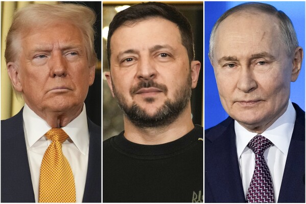 In this combination of file photos, President Donald Trump, left, and Ukraine's President Volodymyr Zelenskyy, center, are seen at the Elysee Palace, Dec. 7, 2024 in Paris, and President Vladimir Putin, right, addresses a Technology Forum in Moscow on Feb. 21, 2025. (AP Photo/Aurelien Morissard, left and center, Pavel Bednyakov, right, File)