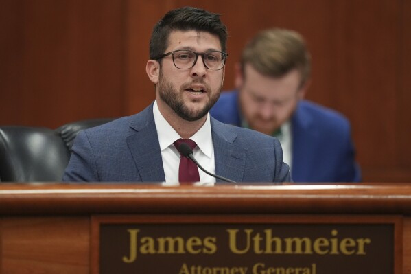 Florida Attorney General James Uthmeier speaks during a meeting between Gov. Ron DeSantis and the state cabinet at the Florida capitol in Tallahassee, Fla., Wednesday, March 5, 2025. (AP Photo/Rebecca Blackwell, file)