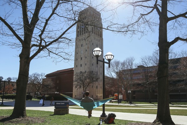 This April 7, 2017 file photo, shows Burton Tower on the University of Michigan campus in Ann Arbor, Mich. (Hunter Dyke/Ann Arbor News via AP, File)