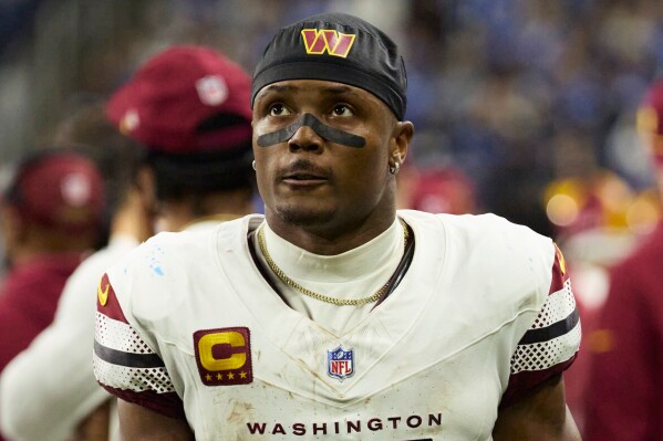 Washington Commanders wide receiver Terry McLaurin (17) looks on from the sideline during an NFL football divisional playoff game against the Detroit Lions, Saturday, Jan. 18, 2025, in Detroit. (AP Photo/Rick Osentoski, File)