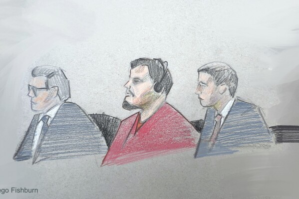 This courtroom sketch depicts, from left, attorney Sean Hecker, Kilmar Abrego Garcia and attorney Rascoe Dean in court during Garcia's detention hearing on Wednesday, June 25, 2025, in Nashville, Tenn. (AP Photo/Diego Fishburn)