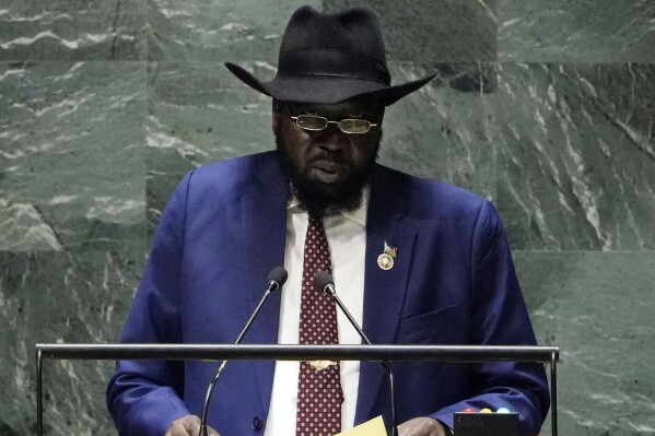 El presidente de Sudán del Sur Salva Kiir en la Asamblea General de las Naciones Unidas el 21 de septiembre del 2023. (AP foto/Richard Drew)
