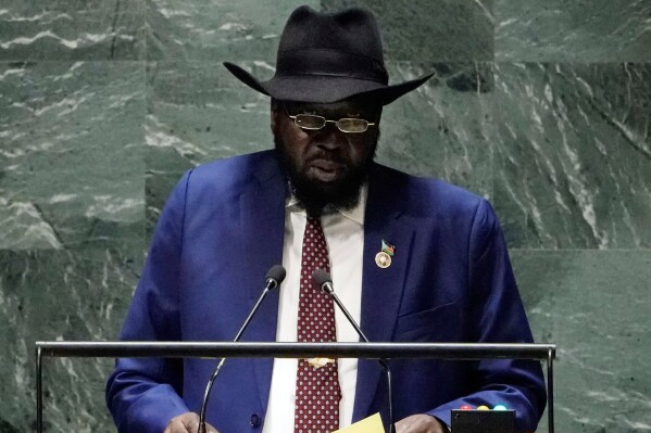 South Sudan President Salva Kiir addresses the 78th session of the United Nations General Assembly, Sept. 21, 2023. (AP Photo/Richard Drew, file)