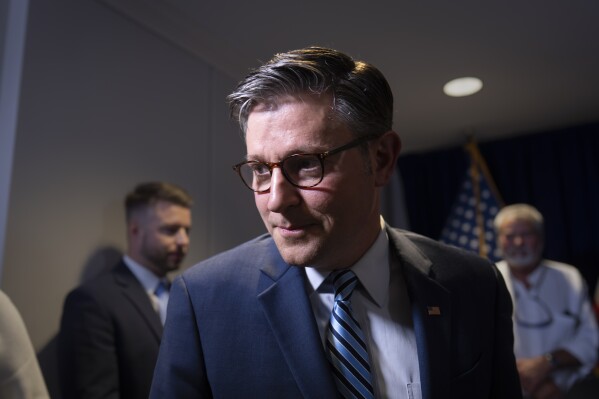 Speaker of the House Mike Johnson, R-La., departs a news conference at the Republican National Committee headquarters in Washington, Tuesday, July 15, 2025. (AP Photo/J. Scott Applewhite)