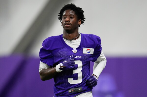 Minnesota Vikings wide receiver Jordan Addison (3) takes part in drills during an NFL football team practice May 28, 2025, in Eagan, Minn. (AP Photo/Abbie Parr, File)