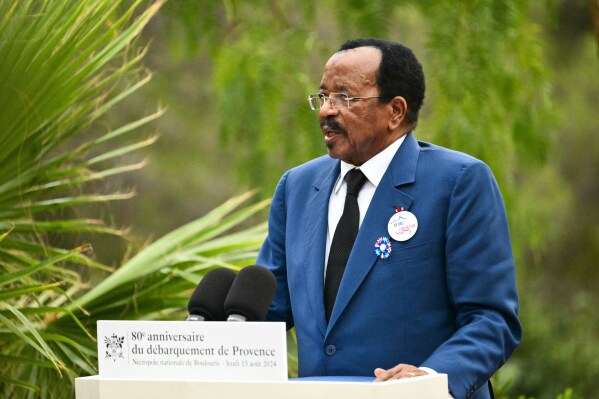 Cameroon President Paul Biya delivers a speech during a ceremony at the Boulouris National Cemetery in Boulouris-sur-Mer, south eastern France, Aug. 15, 2024. (Christophe Simon, Pool via AP, File)