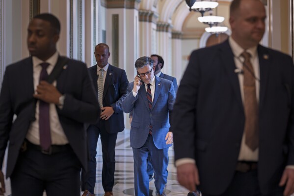 Speaker of the House Mike Johnson, R-La., leaves the chamber at the Capitol in Washington, Thursday, July 17, 2025. (AP Photo/J. Scott Applewhite)