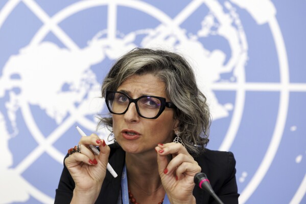 Francesca Albanese, Special Rapporteur on the situation of human rights in the Palestinian territories occupied since 1967, talks to the media during a press conference at the European headquarters of the United Nations in Geneva, Switzerland, July 11, 2023. (Salvatore Di Nolfi/Keystone via AP, File)