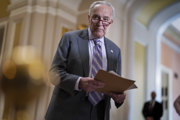 Senate Minority Leader Chuck Schumer, D-N.Y., looks over notes as Senate Republicans work to cancel $9.4 billion in previously approved spending targeted by DOGE, at the Capitol in Washington, Tuesday, July 15, 2025. (AP Photo/J. Scott Applewhite)