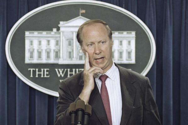 David Gergen answers a reporter's question in the briefing room of the White House in Washington on June 7, 1993. (AP Photo/Doug Mills, File)