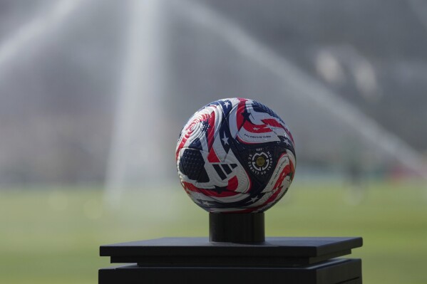 An official FIFA match ball is seen before the Club World Cup group B soccer match between PSG and Botafogo in Pasadena, Calif., Thursday, June 19, 2025. (AP Photo/Jae C. Hong)