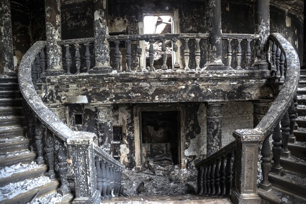 A view inside the Mariupol theater damaged during fighting in Mariupol, in territory under the government of the Donetsk People's Republic, eastern Ukraine, Monday, April 4, 2022. (AP Photo/Alexei Alexandrov, File)