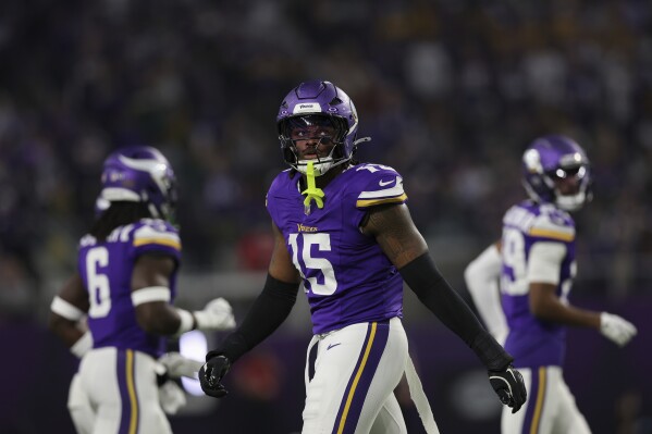 Minnesota Vikings linebacker Dallas Turner moves across the field after a play against the Green Bay Packers during the second half of an NFL football game, Dec. 29, 2024 in Minneapolis. Minnesota won 27-25. (AP Photo/Stacy Bengs, File)